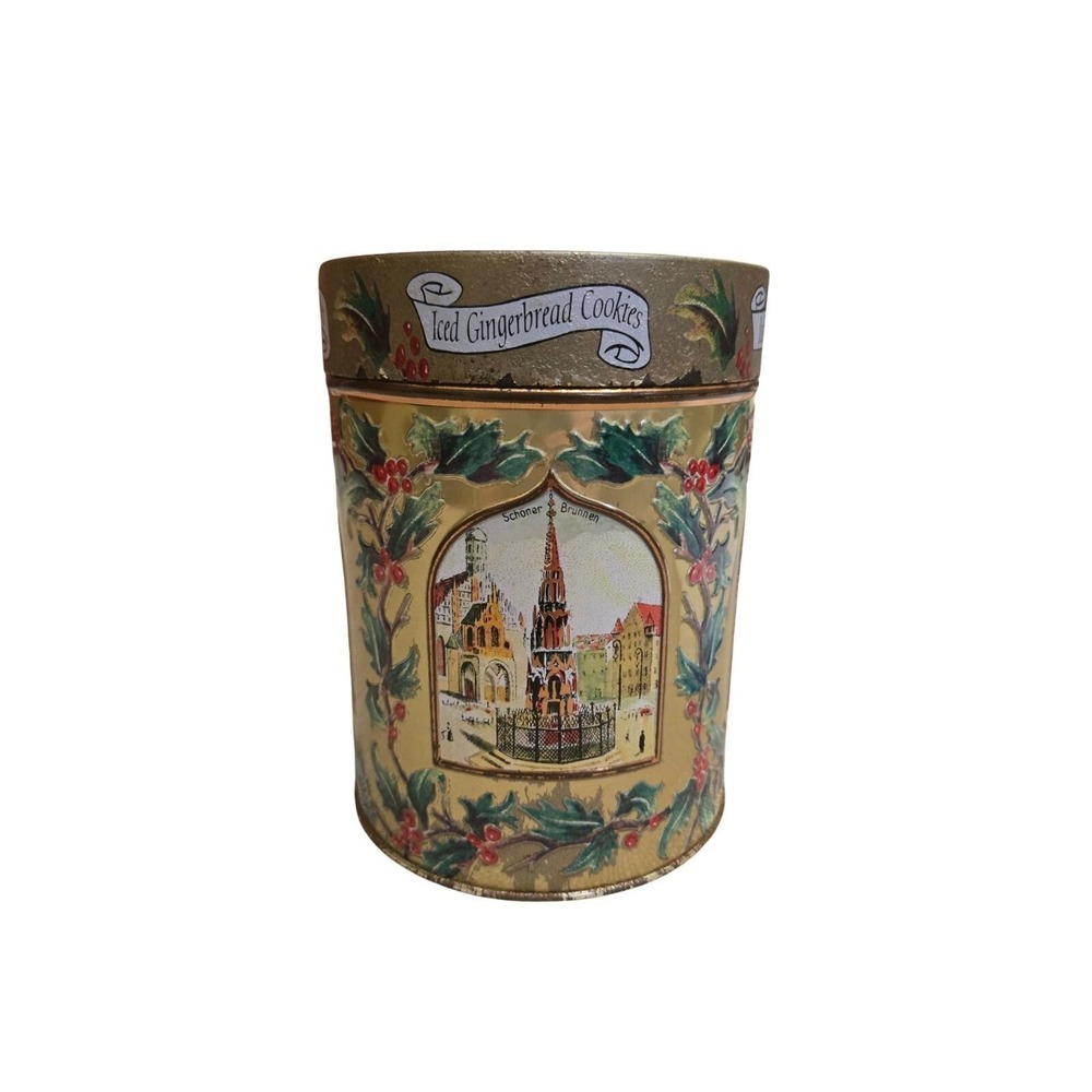 Lambertz Aachen 1999 Gold Christmas Musical Iced Gingerbread Cookies Tin Germany